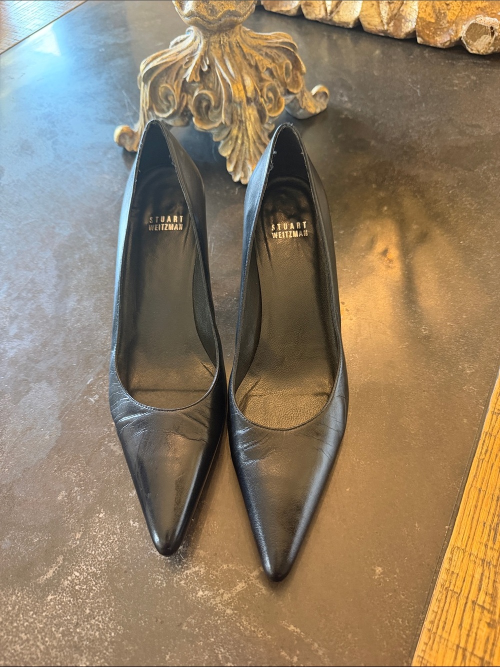 Stuart Weitzman Black Leather Pointed Toe Pumps